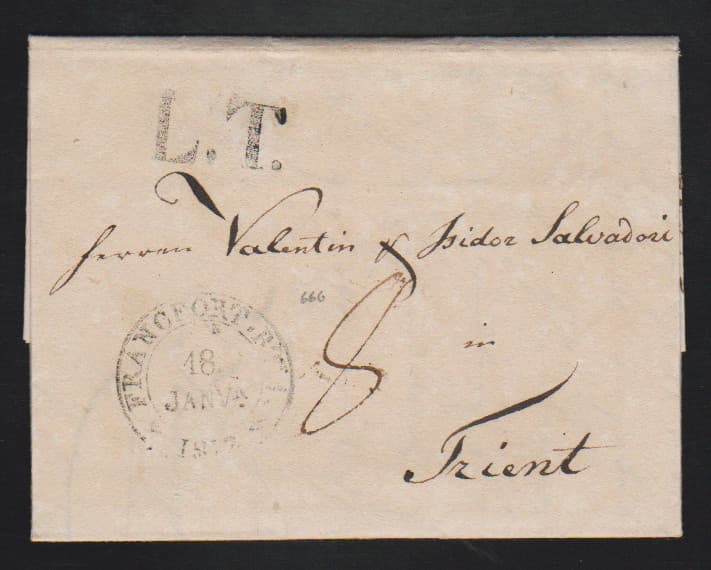 Los 1216 - "L.T.", 1812, großer L1 von Augsburg auf Brief aus Crefeld via Frankfurt (vs. K2) nach Trient