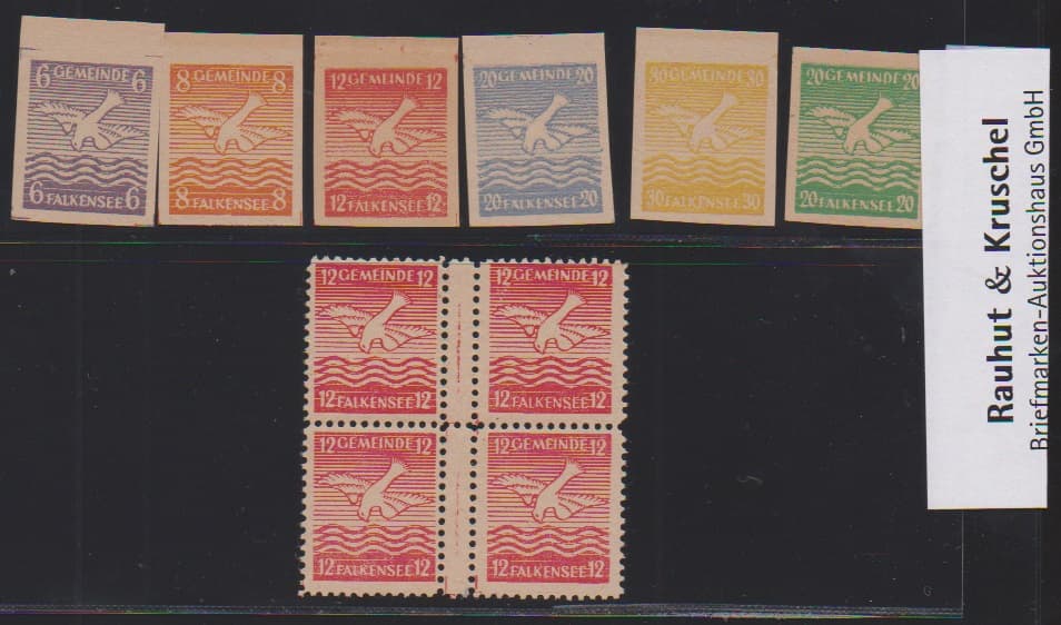 Los 6526 - Falkensee, 6 bis 30 Pfg. ungezähnt, zusätzlich dito 20 Pfg. in Fehlfarbe grün, sowie 12 Pfg. gez. im postfrischen Zwischensteg-Viererblock. Mi. 405,-