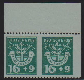 Los 6534 - Lübbenau, 16 + 9 sowie 10 + 20 Pfg. je in postfrischen Randpaaren mit Abart "senkrecht ungezähnt", Mi. 600,-