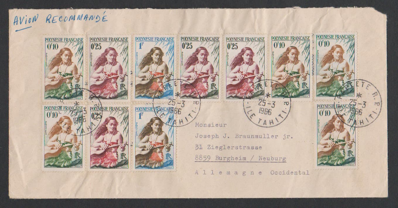 Los 7918 - Französ. Polynesien, 1966, 12 Werte der Erstausgabe inkl. dem Höchstwert 20 Fr. vs./rs. auf R-Brief von Papete/Tahiti nach Bayern