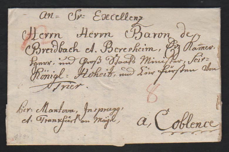 Los 1214 - "Italien-Preußen", 1794, Piacenza, "Joseph Brabant, Lieutenant A Brigade del Second Batt.lon. SU Altissime Regiment Real Fedinando", interess. zweiseitiger früher Soldatenbrief "per Mantova, Insprugg et Frankfurt am Mayn" nach Coblenz