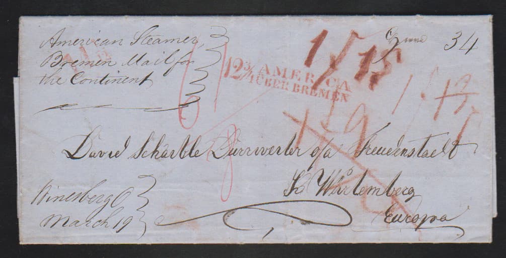 Los 1200 - "12 3/4 America über Bremen", 1850, roter L2 klar auf Faltbrief aus Ohio nach Freudenstadt