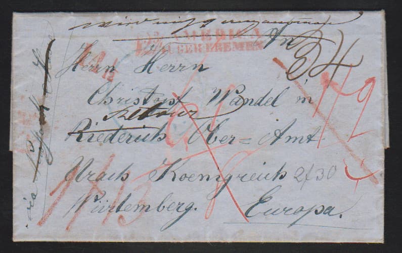 Los 1201 - "12 3/4 America über Bremen", 1850, roter L2 nebst Taxstempel "14 1/12" auf mehrfach austaxiertem Brief aus den USA nach Württemberg