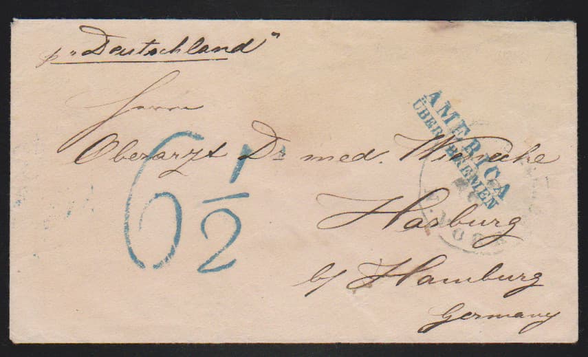 Los 1204 - "America über Bremen", 1862, blauer L2 nebst Taxstempel "6 1/2" von Hamburg auf Kabinettbrief von New York nach Harburg