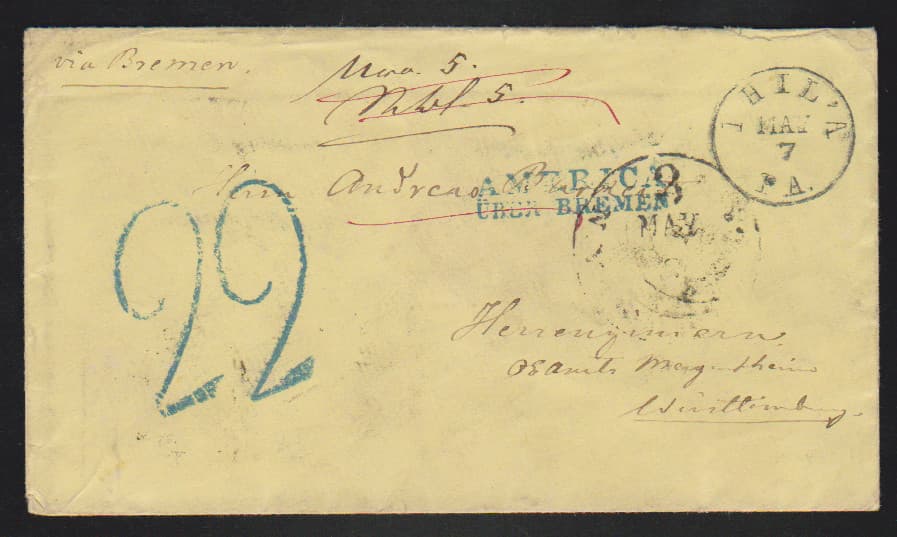 Los 1205 - "America über Bremen", 1863, blauer L2 sowie blauer Taxstempel "22" auf Brief aus Philadelphia nach Württemberg