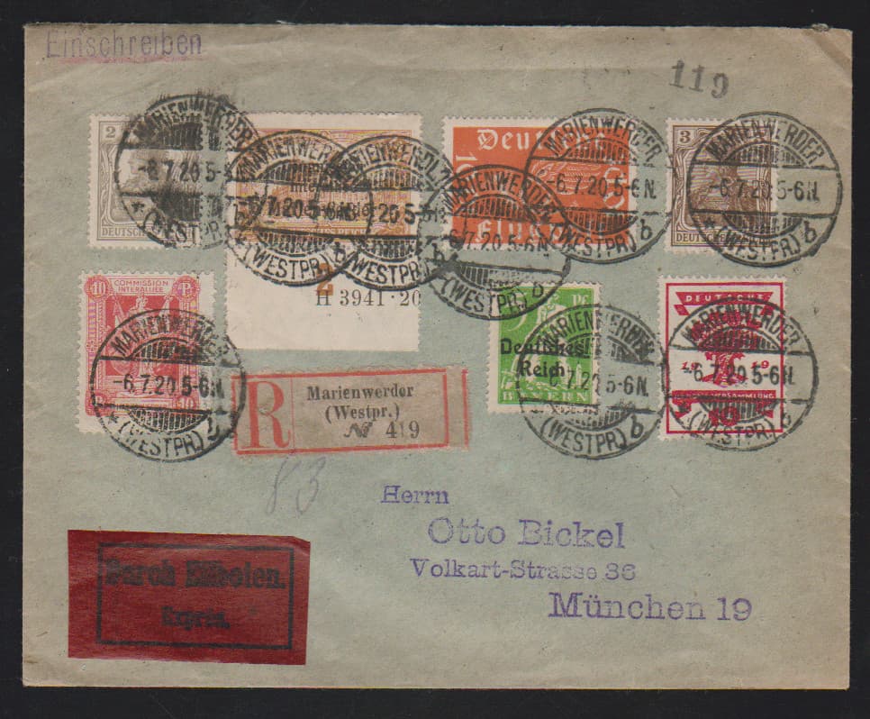 Los 6228 - 1,50 Mk. mit Aufdruck-HAN "H 3941.20", nebst sechs weiteren Marken (meist Deutsches Reich), auf philat. Eilboten-Einschreibebrief von Marienwerder, 6.7.20, nach München mit Ank.-Stempel
