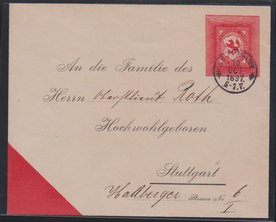 Los 6002 - Stuttgart, Privat-Ganzsachenumschlag 2 Pfg. rot mit Zudruck "M. Mertes Inh. G.H. Schoenleber" 1897 (Jedicke 3.10.26) gebraucht als Ortsbrief
