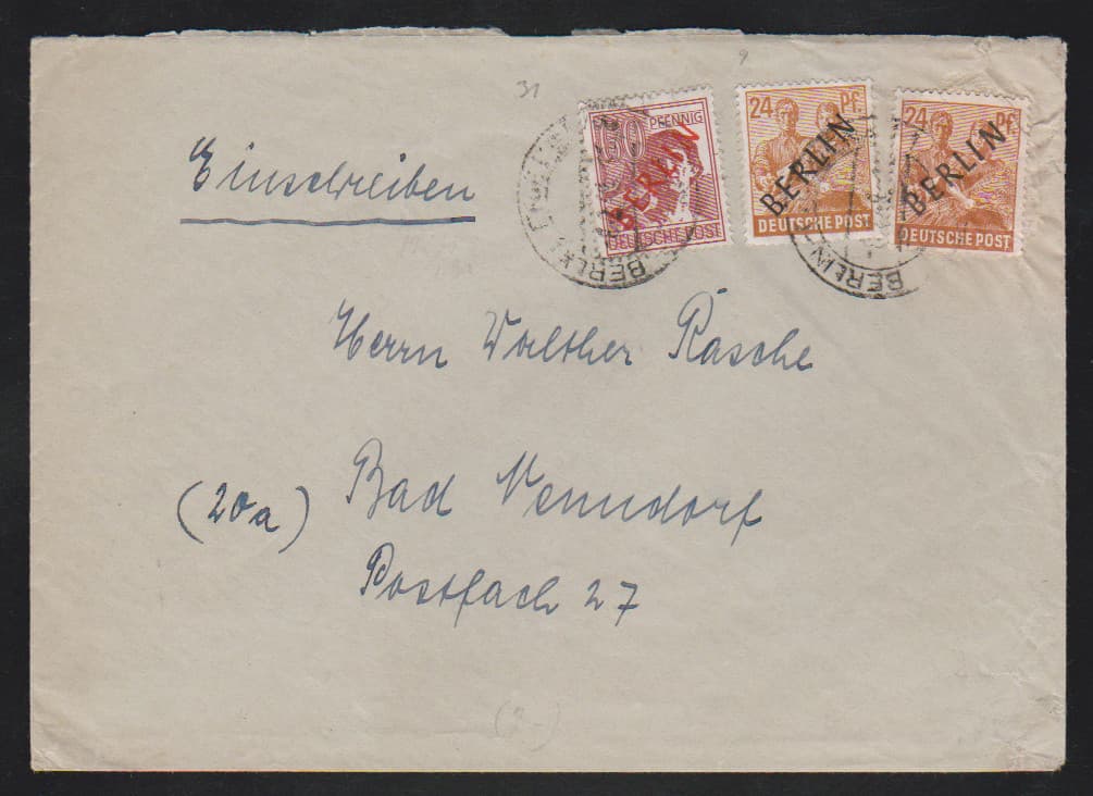 Los 6725 - Schwarzaufdruck, vier Belege: 12 u. Dreierstreifen 24 Pfg. (einmal AFII!) auf R-Brief, 24 Pfg. per zwei in MiF mit 60 Pfg. Rotaufdruck auf R-Brief, 50 Pfg. EF auf Auslandsbrief, sowie 50 u. 60 Pfg. auf R-Auslandsbrief