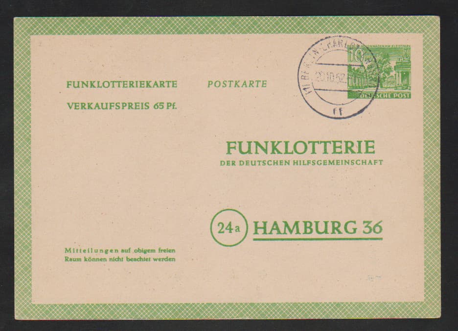 Los 6724 - Ganzsachenkarte 10 Pfg. Schwarzaufdruck als Bedarfs-Ortskarte aus Berlin, 20.3.49 (Mi. 450,-, Tinte etwas verwischt), sowie Funklotterie-Ganzsachenkarte 10 Pfg. gebraucht ab Berlin (Mi. 60,-)