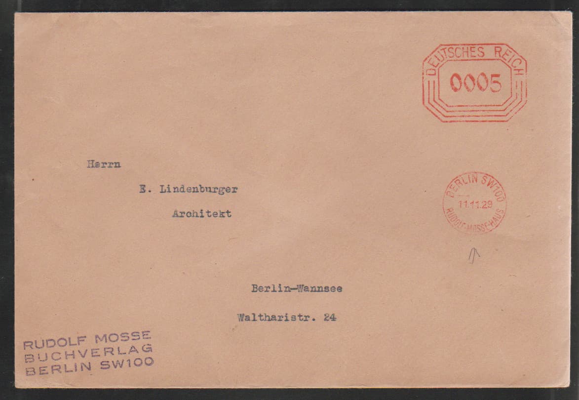 Los 6003 - Absenderfreistempel, 1929, AFS "0005 Berlin SW 100 Rudolf-Mosse-Haus" auf Ortsbrief