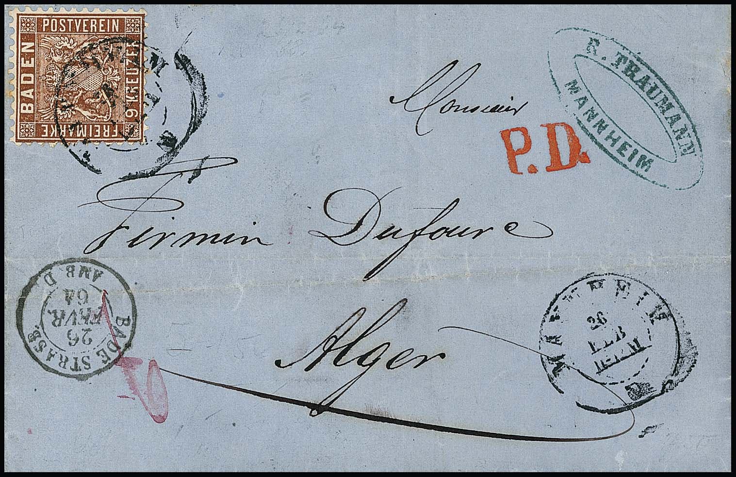 Los 24 - 9 Kr. rotbraun, tiefe Farbe, gut gezähntes Kabinettstück (eine Zahnspitze min. getönt, belanglos) auf mittig gefaltetem Auslandsbrief von Mannheim (K2) 1864 nach Algier/Algerien. Seltener Afrika-Brief zum Frankreich-Porto
