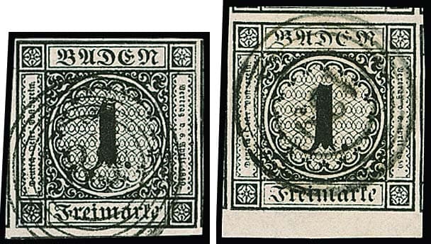 Los 16 - 1 Kr. schwarz, zwei breit- bis riesenrandige Luxusstücke, einmal vom Unterrand mit drei Seiten Nebenmarken