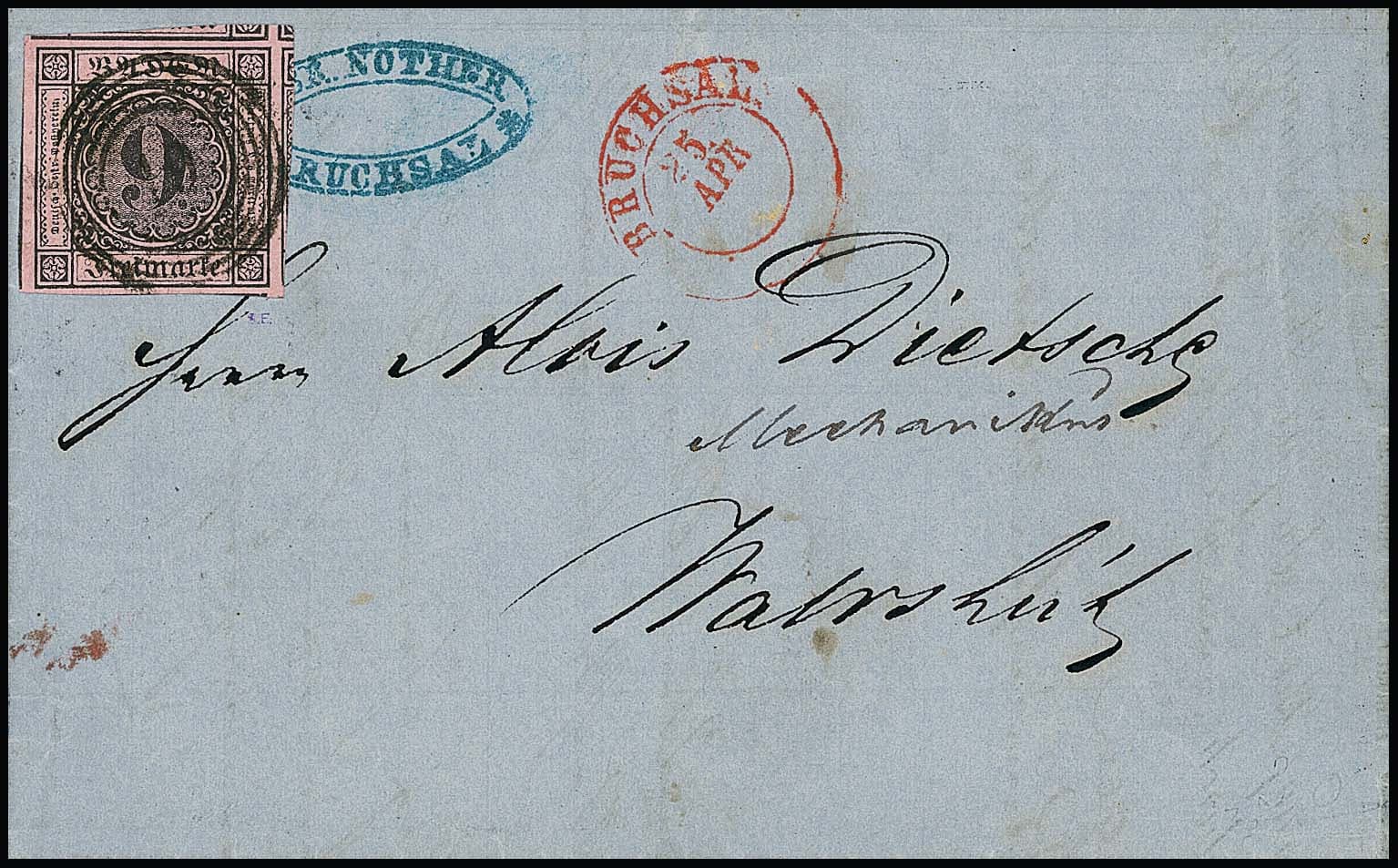 Los 12 - 9 Kr. schw./rosa, Luxus-Schnittriese mit Teilen von sechs Nebenmarken an allen vier Seiten auf Brief mit NS "19" und rotem Neben-K2 "Bruchsal", nach Waldshut