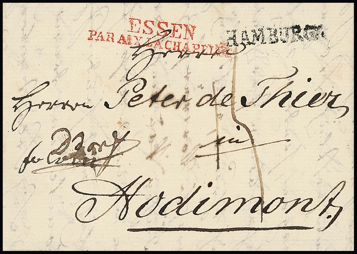 Los 1013 - "Essen Par Aix La Chapelle", 1800,  roter L2 auf Brief (aus Riga) nebst L1 "Hamburg" nach Hodimont/Belgien, Leitvermerk "fr. Cölln" in "fr. D' dorf" geändert