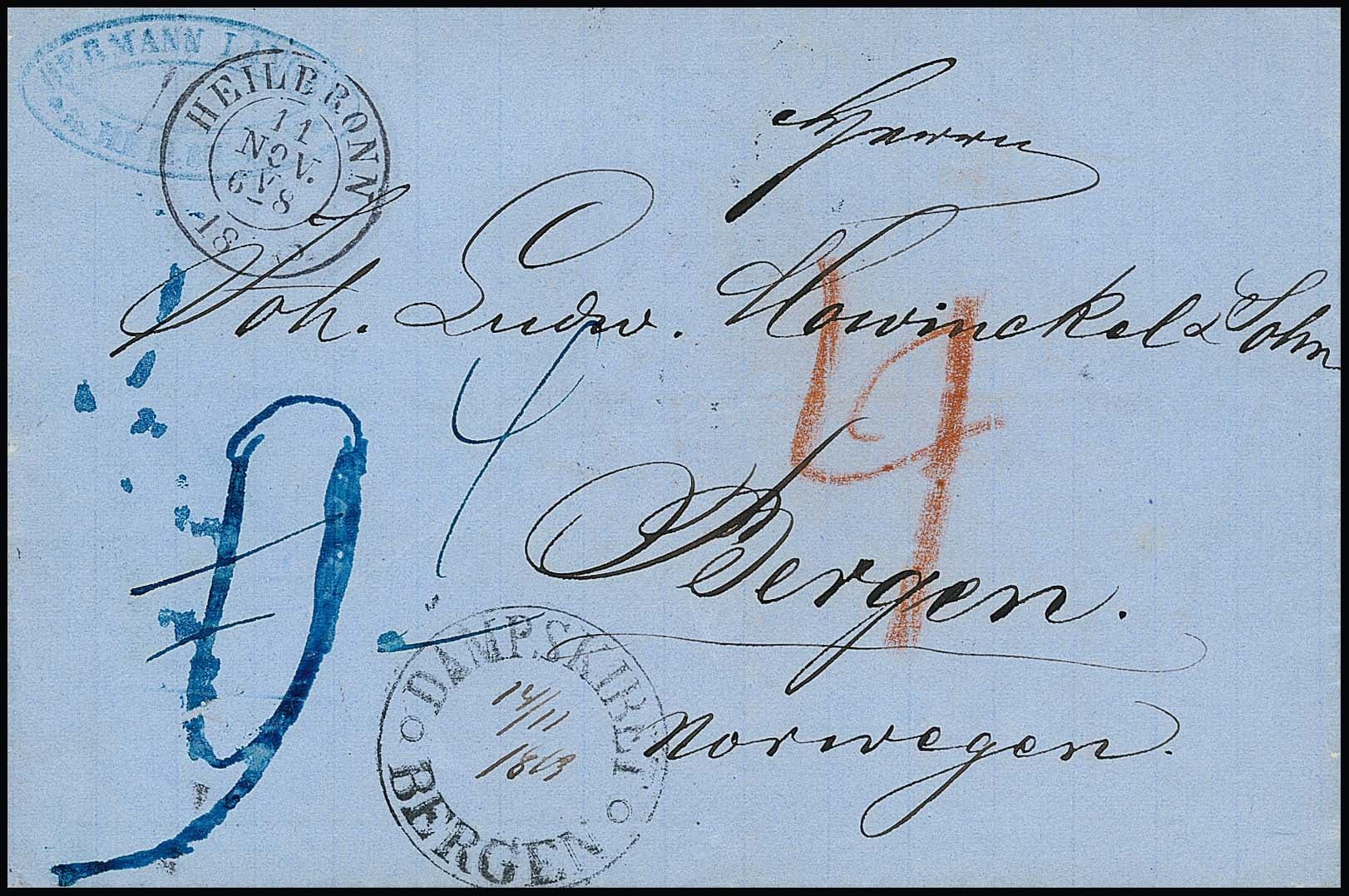 Los 2 - "Heilbronn", 1863, klarer K2 nebst K1 "DAMPSKIBET BERGEN" auf blauem Luxusbrief nach Bergen/Norwegen, rs. drei Transitstempel von Frankfurt a.M. und Hamburg, Beschreibung des Briefes beiliegend