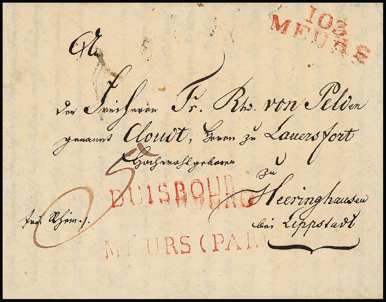 Los 1 - "Meurs (par)", 1810, seltener roter Transitstempel auf Brief mit rotem L2 "103 MEURS" und L1 "DUISBOURG" nach Heeringhausen bei Lippstadt mit Inhalt, lt. Feuser "Stempel bislang nicht vorgelegen" und nur kursiv mit 2000,- bewertet, Rarität!