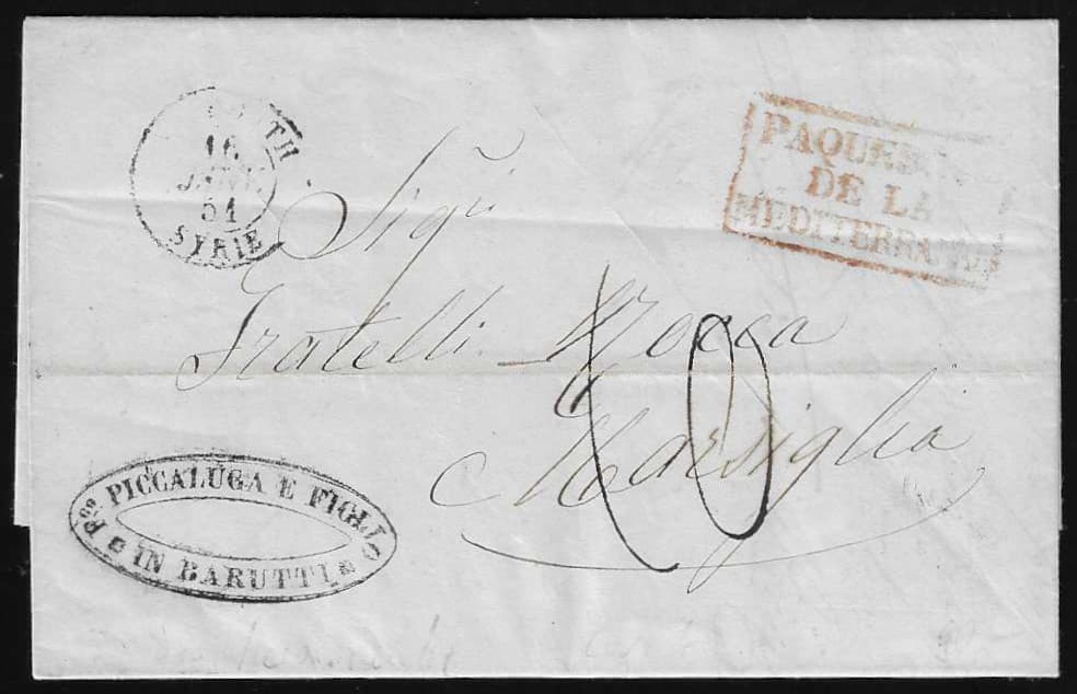 Los 1019 - "Levante-Frankreich", 1851, Brief aus Beyrouth (vs. franz. K2), Abs.-Stempel "Barutti", mit rotem Ra3 "Paquebot de la Mediteranee" und Rastel-Desinfektion nach Marseille