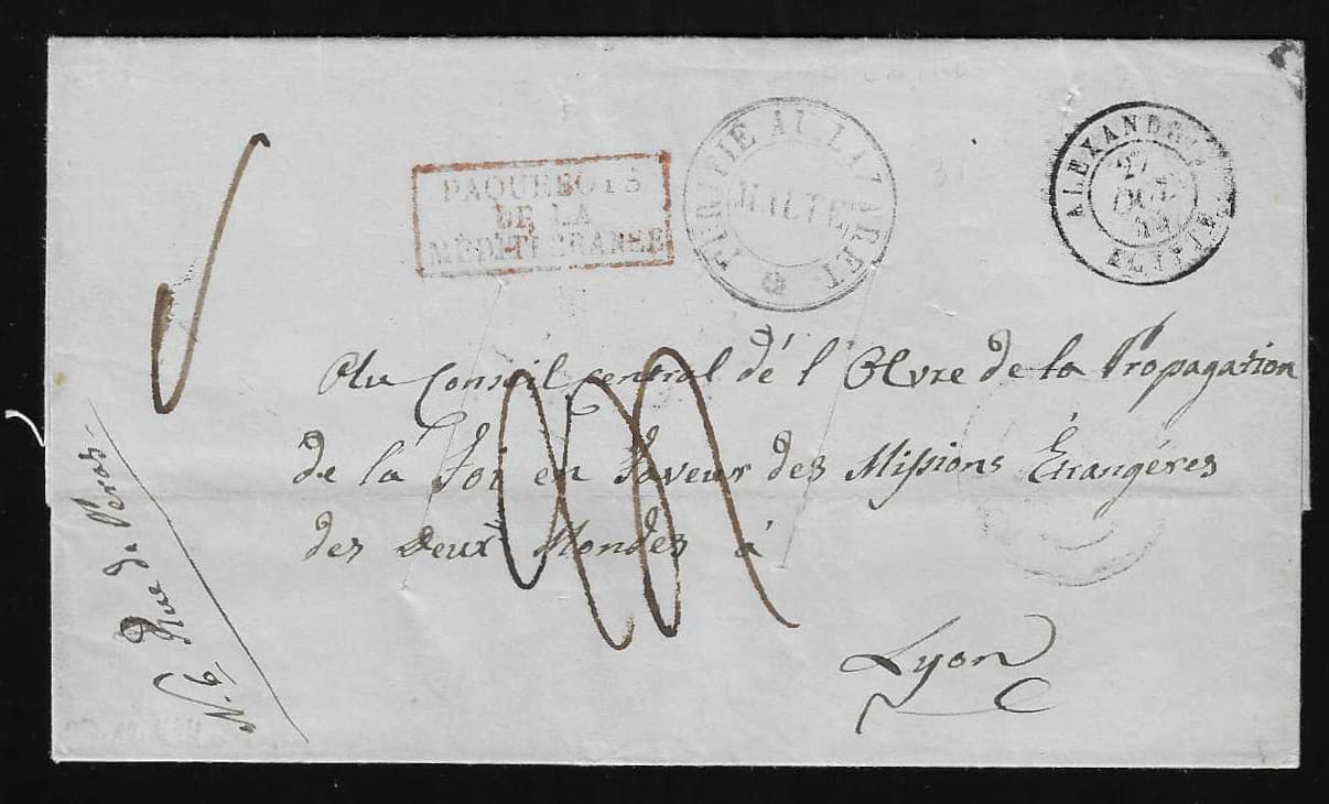 Los 1002 - "Ägypten-Frankreich", 1844, Brief mit französ. K2 "Alexandrie" und Desinfektions-K2 "Purifié Au Lazaret Malte" von Malta, sowie Rastel-Desinfektion, nach Lyon