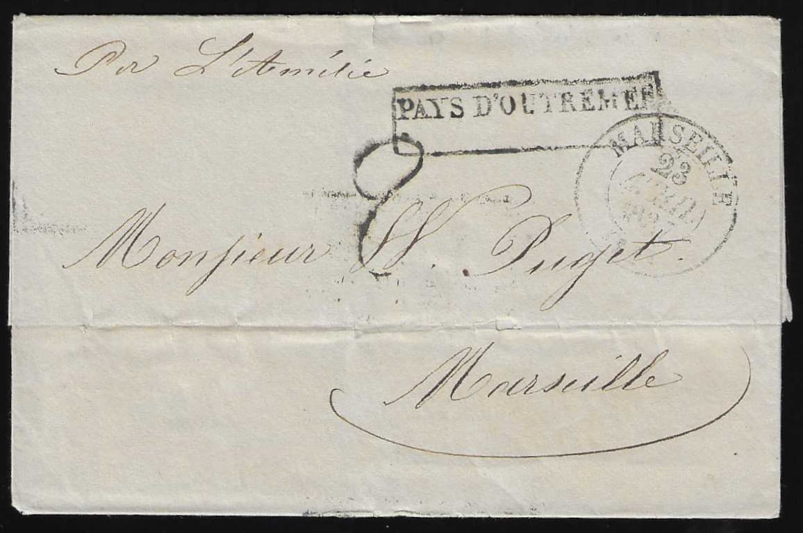 Los 1005 - "Brasilien-Frankreich", 1837, mittig gef. Schiffsbrief "Per L' Amilie" von Rio de Janeiro mit Ra1 "PAYS D' OUTREMER" nach Marseille