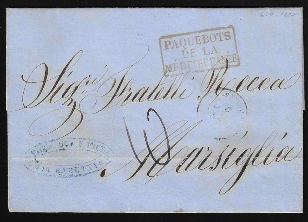 Los 1020 - "Levante-Frankreich", 1857, vollständiger Brief aus Beirut (heute Syrien) mit K2 und rotem Ra3 "Paquebots de la Mediterranee" nach Marseille
