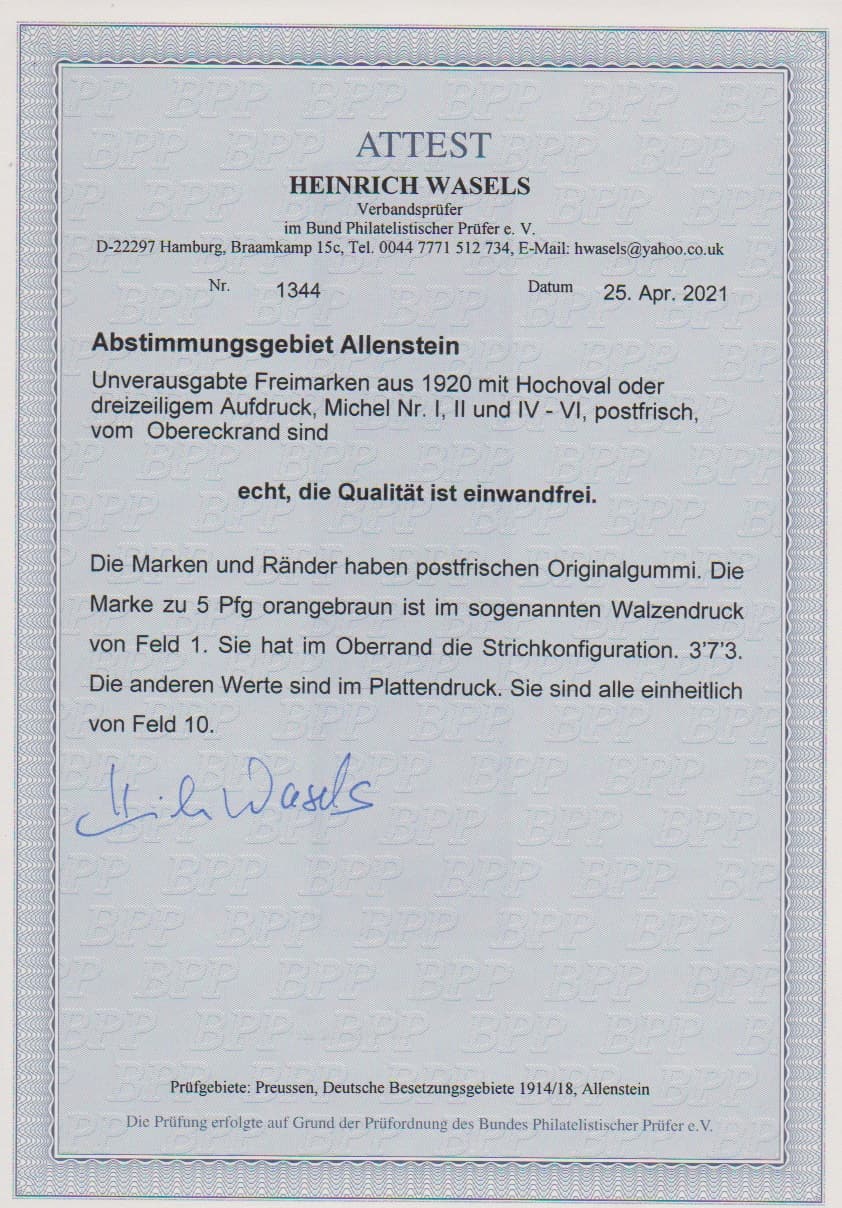 Los 6218 - Unverausgabte Werte, 40, sowie 5, 20, 30 u. 40 Pfg. je als tadellos postfrische Bogenecken-Oberrandstücke, Nr. II Walzen-, alle anderen Werte Plattendruck, Attest Wasels. Mi. 2100,- ++