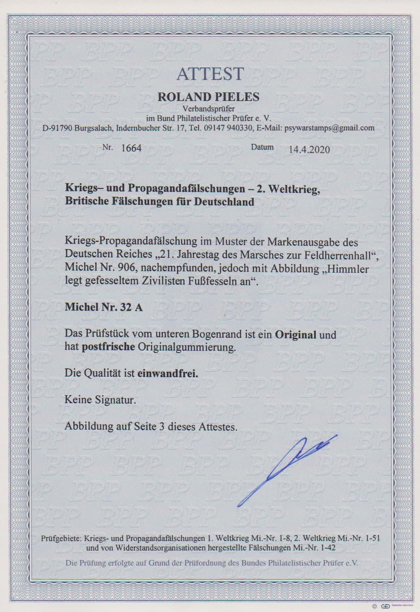 Los 976 - Britische Kriegspropagandafälschung für Deutschland, 12 + 8 Pfg. Marsch zur Feldherrenhalle tadellos postfrisch vom Unterrand. Mi. 800,-, Attest Pieles