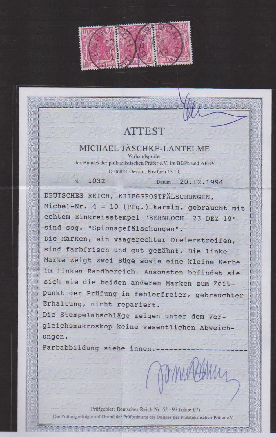 Los 971 - Britische Fälschungen für Deutschland im 1. Weltkrieg, 10 Pfg. Germania tadellos gestempelt ("Bernloch"), eine gebraucht sehr seltene Marke. Attestkopie Jäschke-L. (für zerteilte Einheit). Mi. 1500,- (unterbewertet)