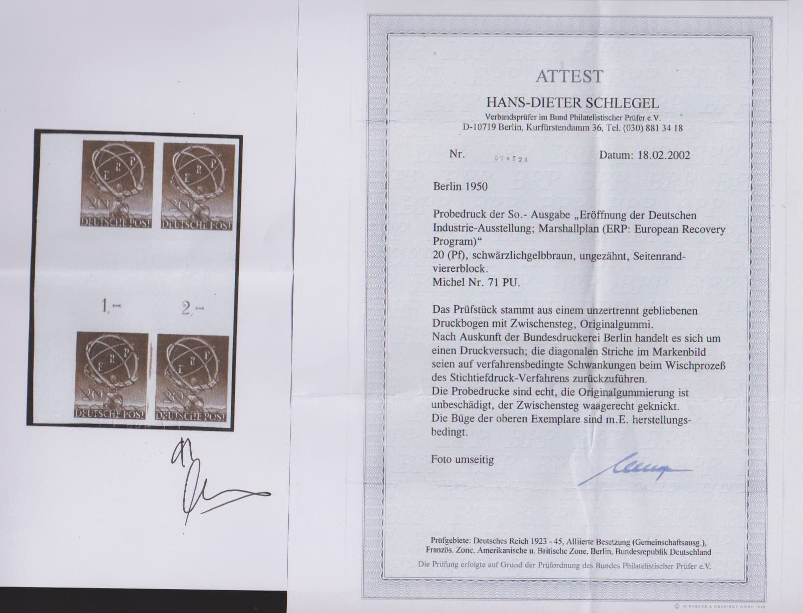 Los 1003 - 20 Pfg. UPU, der geschnittene Probedruck in schwärzlichgelbbraun im postfrischen senkrechten Zwischenstegpaar (übliche Vorfaltung im Steg). Seltene Einheit aus den unzertrennten Druckbogen, Mi. nicht bewertet (die zwei losen Marken schon 2000,-), Attestkopie Schlegel für zerteilten Viererblock