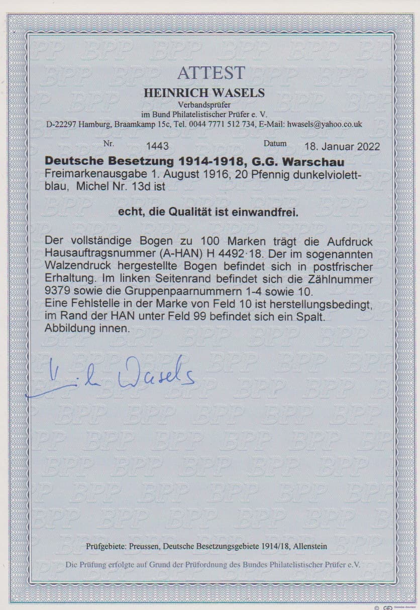 Los 959 - 20 Pfg. in der seltenen Farbe "dunkelviolettblau" im kompletten postfrischen Walzendruck-Bogen zu 100 Marken mit Aufdruck-HAN "4492.18" sowie Bogenlauf- und Zählnummern links im Rand, im Oberrand viermal WOR "3'7'3" und sechsmal "2'9'2". Mi. lose 27660,-, Attest Wasels