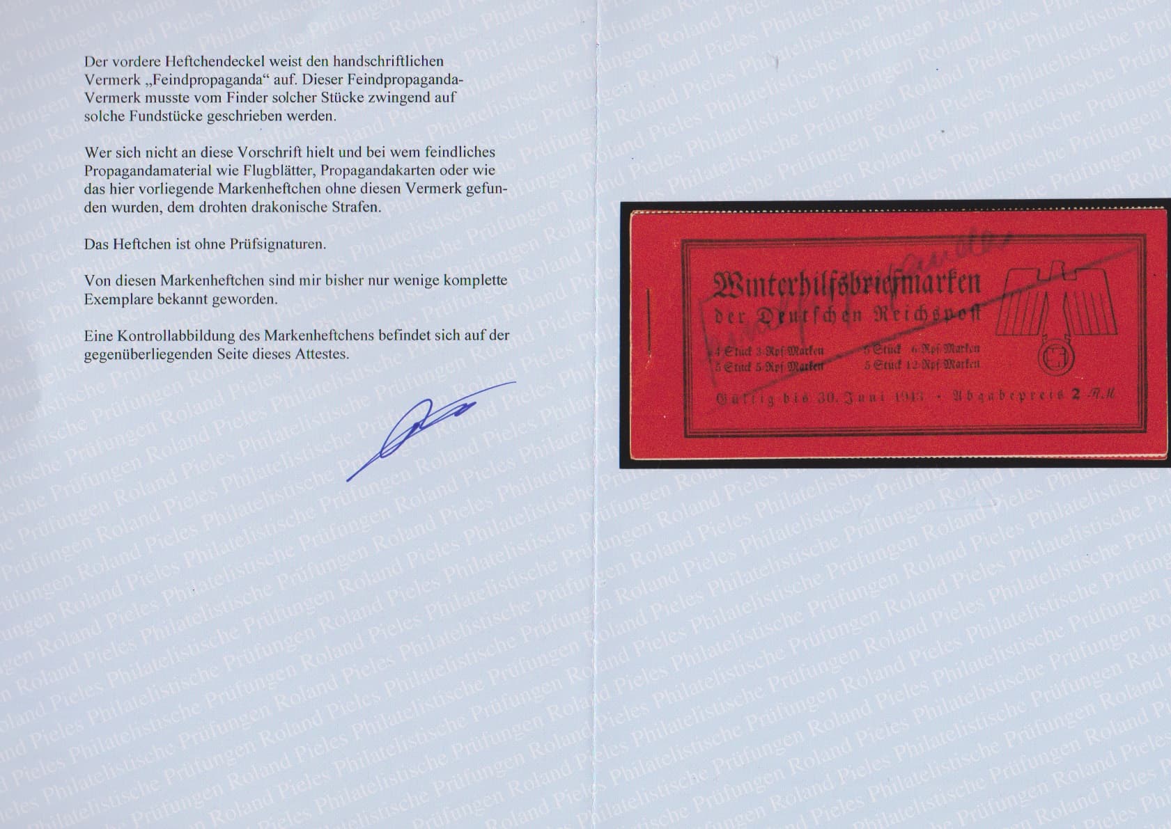 Los 975 - Britische Propaganda-Fälschungen für Deutschland, 3 + 2 Pfg. "Soldaten-Gesicht" und 12 + 6 Pfg. "Himmler", komplettes postfrisches Markenheftchen mit beiden Heftchenblättern und Zwischenlage-Blatt. Attest Pieles "Die Heftchenblätter haben postfrische Originalgummierung, wobei das zweite Heftchenblatt auf der Gummierung leichte, für diese Stücke nicht unübliche, Farbabriebe vom dahinter liegenden Heftchendeckel aufweist. Der vordere Heftchendeckel weist im Bereich der Klammerung einen Knick auf. Der hintere Heftchendeckel weist oben Büroklammerspuren auf. Die Heftchenblätter weisen die für diese Stücke typische Heftchenzähnung auf und befinden sich in einwandfreier Erhaltung. Insgesamt befindet sich das Heftchen in guter Erhaltung. Der vordere Heftchendeckel weist den handschriftlichen Vermerk "Feindpropaganda" auf. Dieser Feindpropaganda-Vermerk musste vom Finder solcher Stücke zwingend auf solche Fundstücke geschrieben werden. Wer sich nicht an diese Vorschrift hielt und bei wem feindliches Propagandamaterial wie Flugblätter, Propagandakarten oder wie das hier vorliegende Markenheftchen ohne diesen Vermerk gefunden wurden, dem drohten drakonische Strafen. Von diesen Markenheftchen sind mir bisher nur wenige komplette Exemplare bekannt geworden". Michel schon für ein Heftchenblatt "-.-", ebenso das vollständige MH "-.-" (die losen Einzelmarken schon 5000,- Michel!)