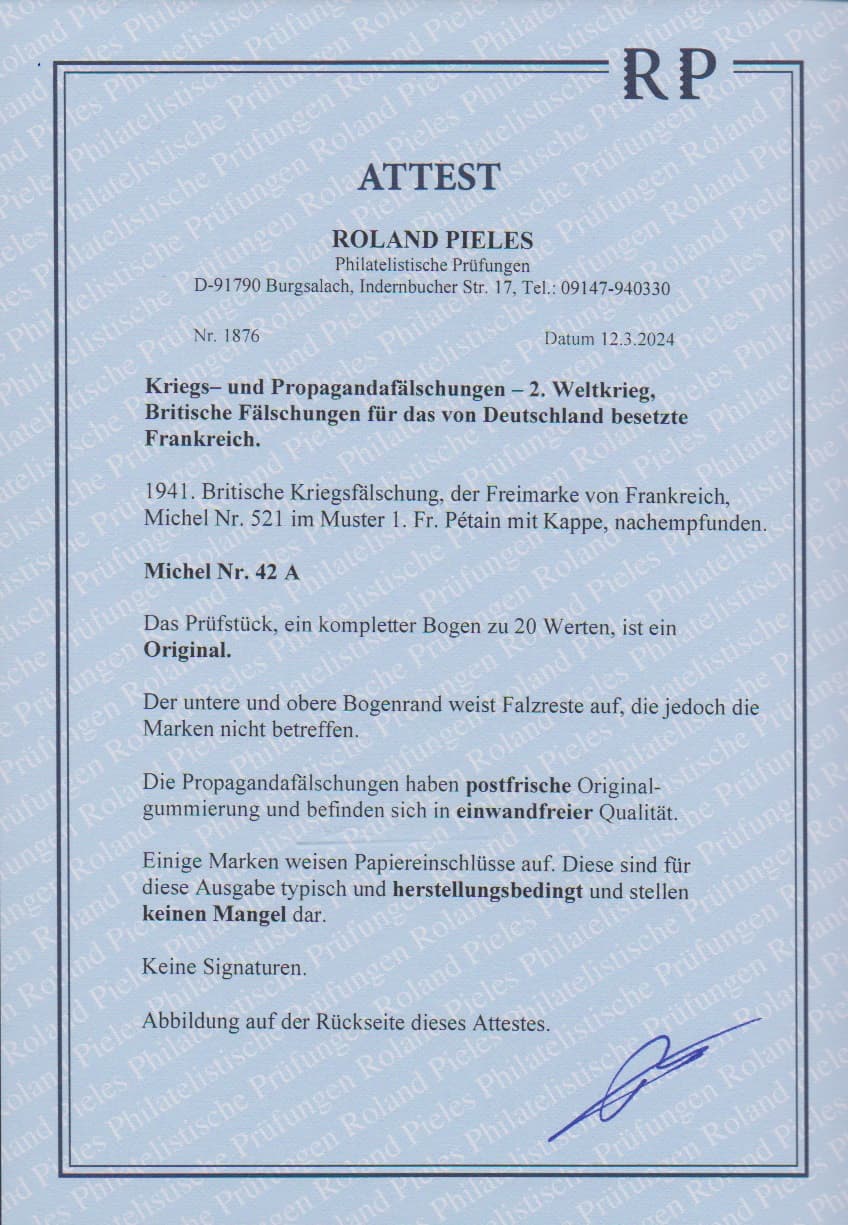 Los 978 - Britische Fälschung für das von Deutschland besetzte Frankreich, 1 Fr. Petain, gezähnt, im kompletten postfrischen Bogen zu 20 Exemplaren (Rand Falzreste), Mi. lose Marken 2000,-, Attest Pieles "einwandfrei"