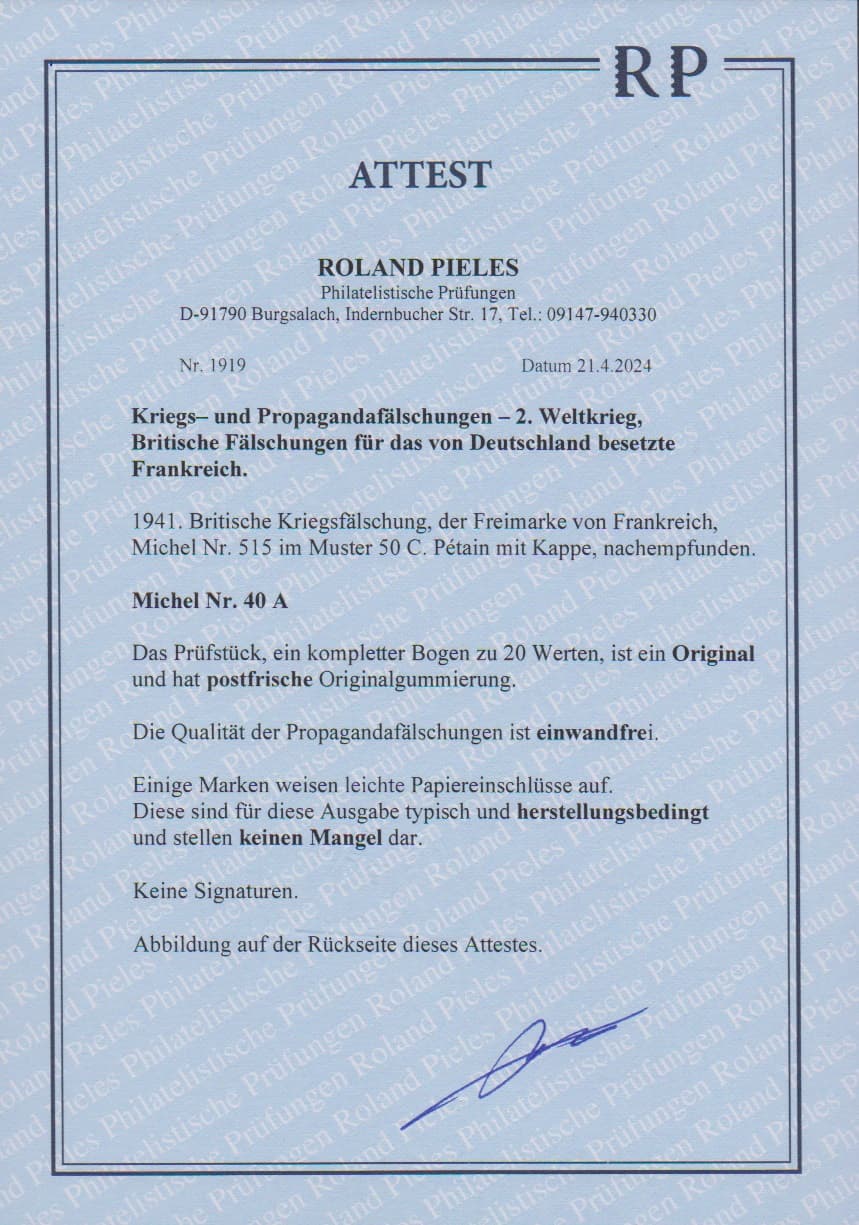 Los 977 - Britische Fälschung für das von Deutschland besetzte Frankreich, 50 C. Petain, gezähnt, im kompletten postfrischen Bogen. Mi. lose 2000,-, Attest Pieles "einwandfrei"