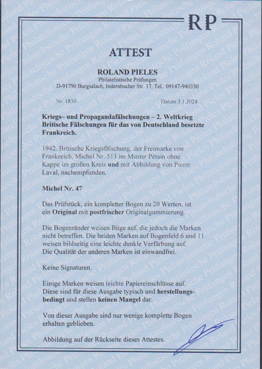 Los 981 - Britische Propagandafälschungen für das von Deutschland besetzte Frankreich, 30 C. Petain und Lavalle im kompletten postfrischen Bogen zu 20 Exemplaren, zwei Marken winzige Stiftspur (unbedeutend), sonst die anderen Marken tadellos. Mi. lose 3600,- +, Attest Pieles "nur wenige komplette Bogen erhalten"
