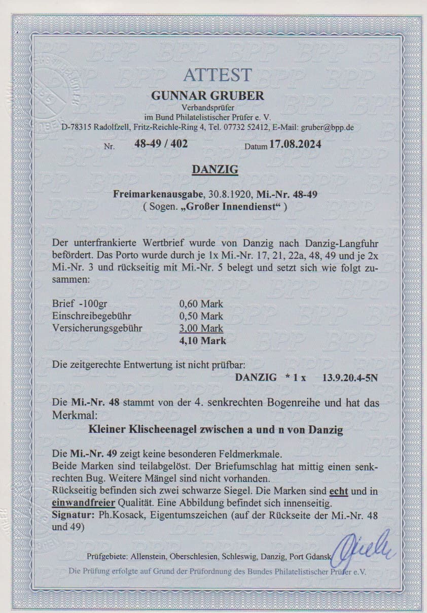 Los 956 - 1 und 2 Mk. großer Innendienst, nebst weiterer Frankatur, auf unterfrankiertem Sammler-Wertbrief mit Gefälligkeits-Abstempelung. Couvert Mittelfalte, die beiden Marken tadellos, Mi. lose gestempelt 5000,-, neues Attest Gruber sowie sign. Kosack