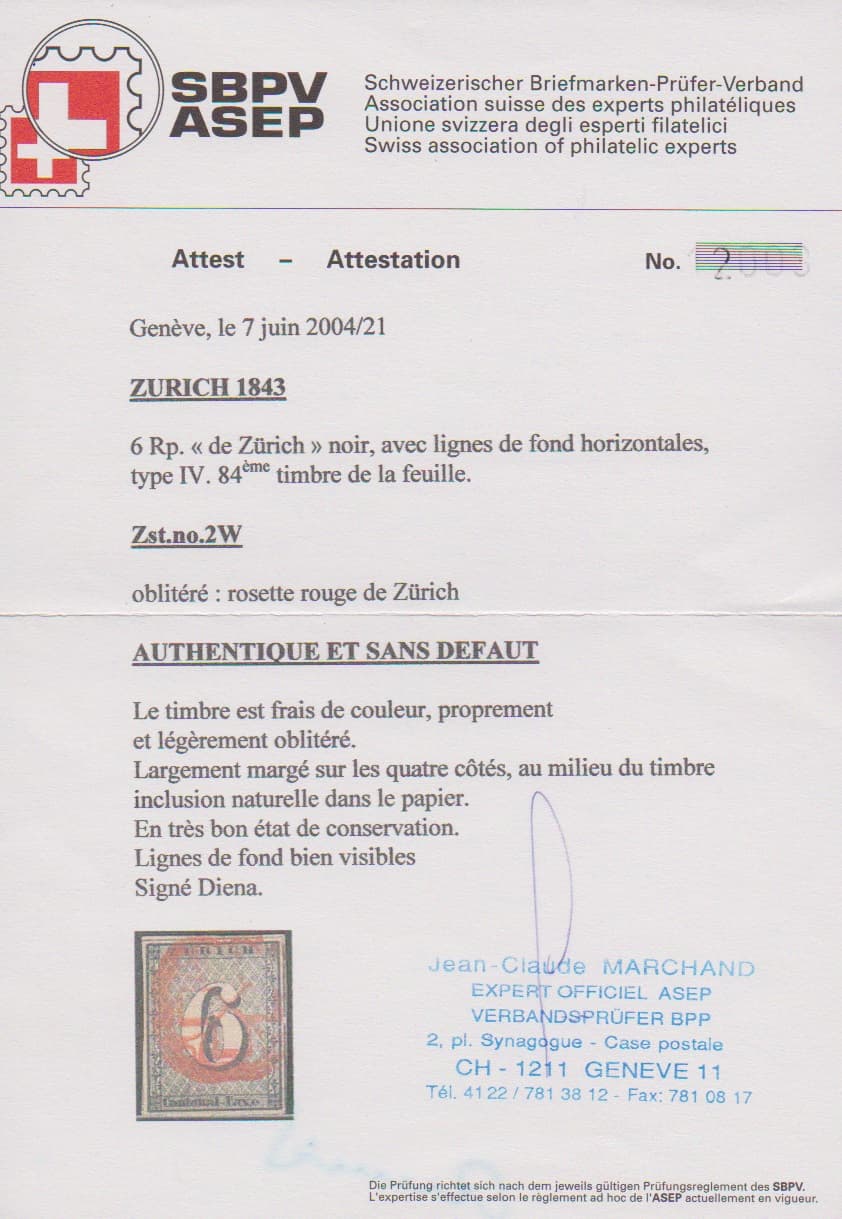 Los 1039 - Zürich 6 Rp. schwarz, waagerechter roter Linien-Unterdruck, ungewöhnlich breitrandiges Kabinettstück mit dreiseitig Zwischenlinien, klare rote Zürcher Rosette, zusätzlich Besonderheit "natürlicher Papiereinschluß zentrisch, dadurch Punkt in "6", Type IV, Bogenfeld 84, Attest Marchand. Mi. 1500,- +