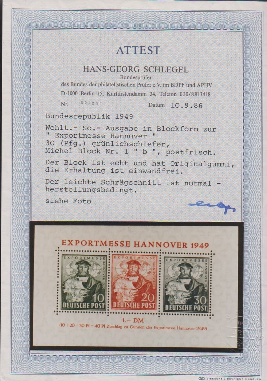 Los 1017 - Exportmesse-Block in der seltensten Farbvariante tadellos postfrisch, Attest Schlegel "einwandfrei". Mi. 3400,-