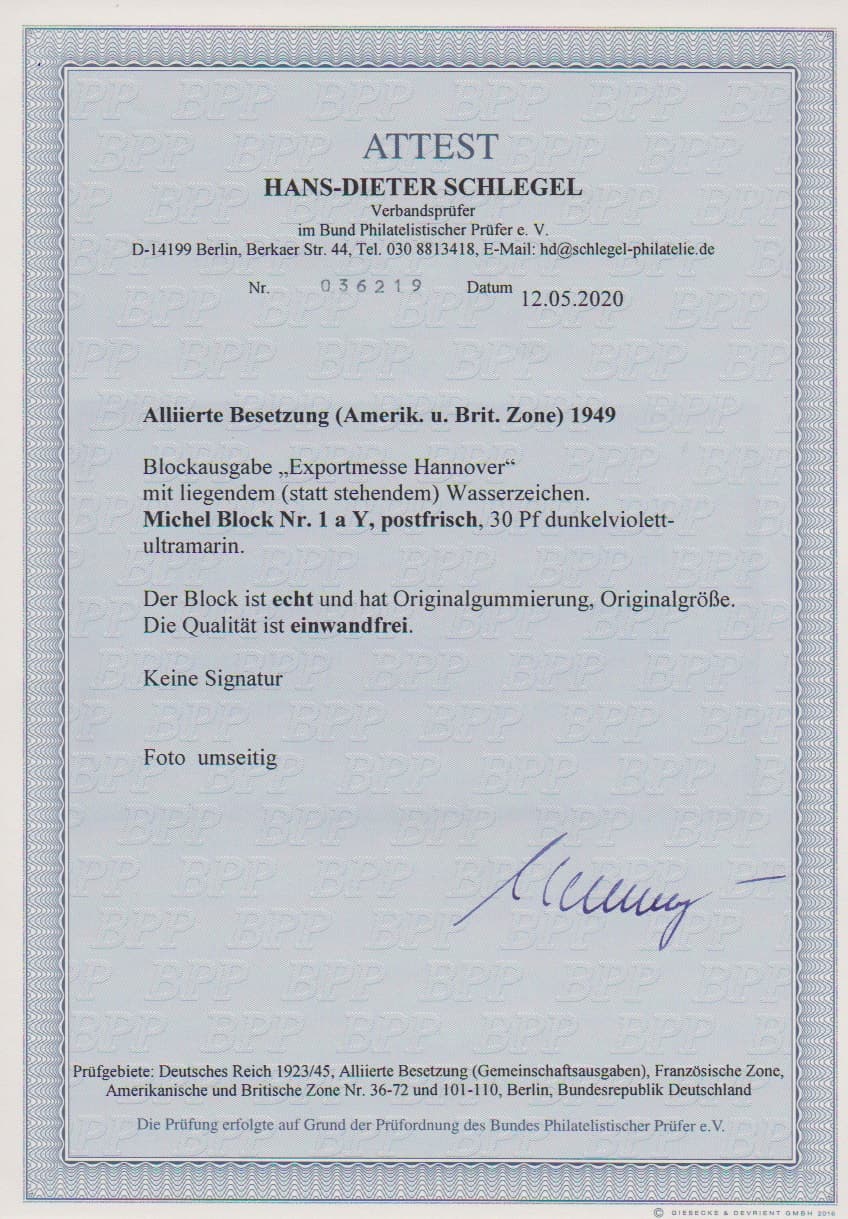 Los 1016 - Exportmesse-Block mit seltenem liegendem statt stehendem Wasserzeichen tadellos postfrisch, Attest D. Schlegel. Mi. 2500,-