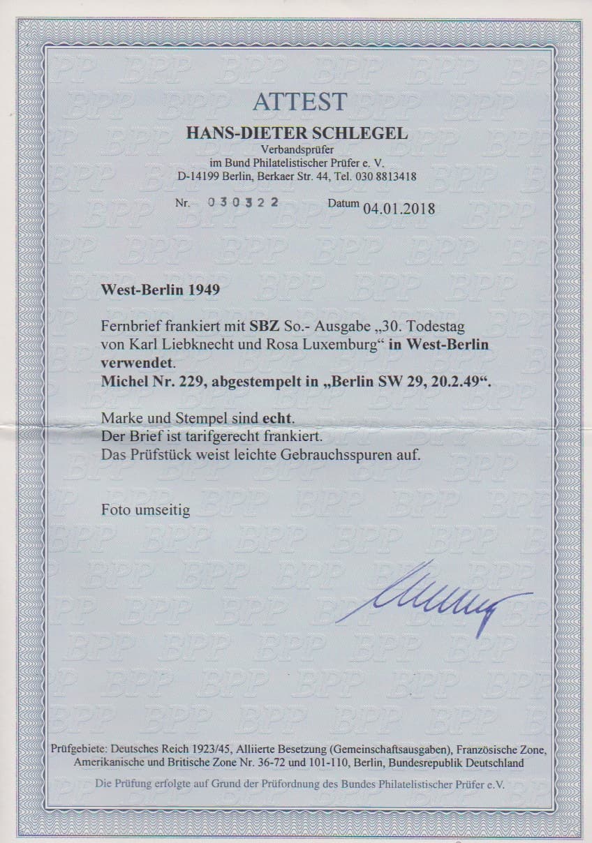 Los 6717 - SBZ 24 Pfg. Liebknecht/Luxemburg als seltene portogerechte Berlin-West-Verwendung auf Brief (dieser leichte Gebrauchsspuren) aus Berlin SW 29, 20.2.49, Attest D. Schlegel. Mi. 1500,-