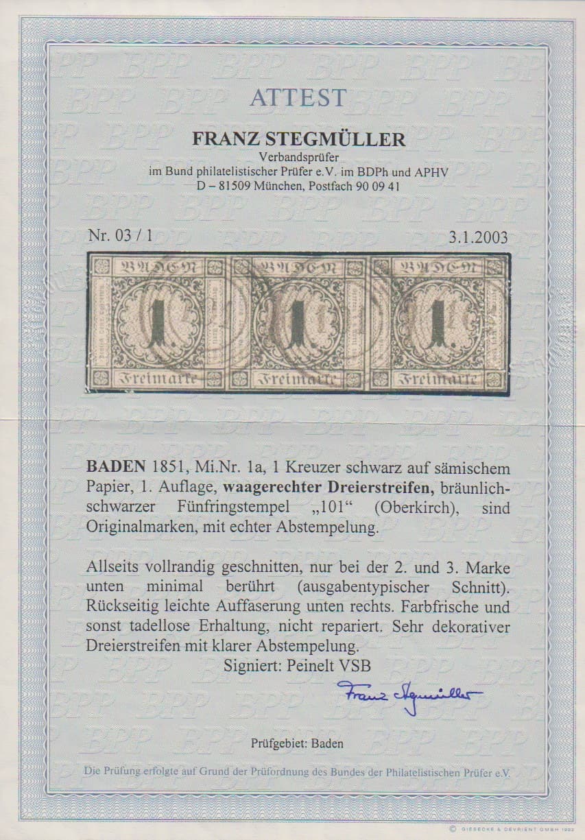 Los 2 - 1 Kr. schw./sämisch, waagerechter Dreierstreifen, meist vollrandig, nur bei der zweiten und dritten Marke unten minimal berührt, mit für diesen Ort typischen bräunlichen NS "101" von Oberkirch. Rechte Marke unten minimale Auffaserung. Sign. Peinelt und Attest Stegmüller. Mi. 3600,-