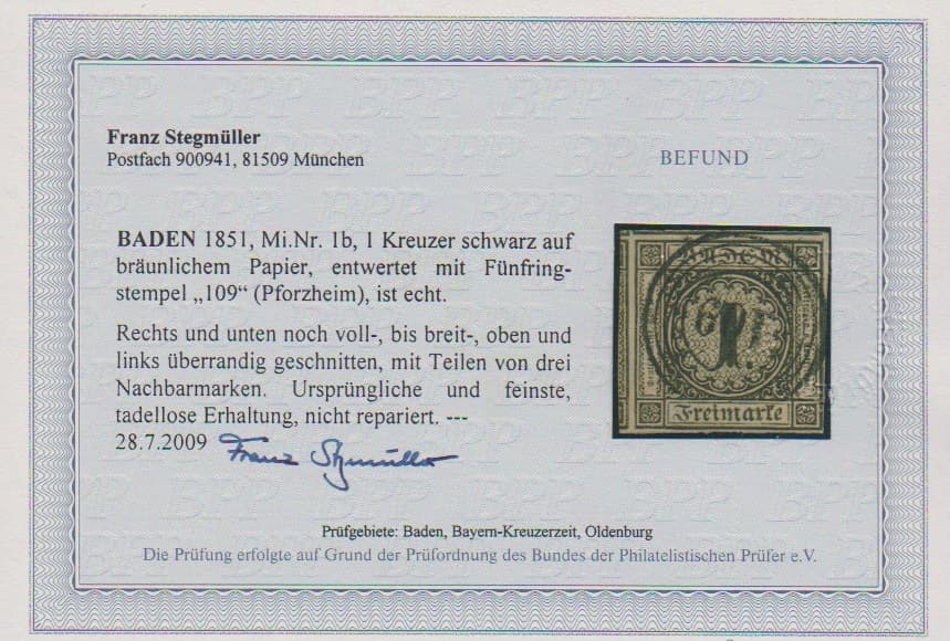 Los 5 - 1 Kr. schw./bräunlich, überrandiges Luxusstück, drei Nebenmarken, klarer NS "109" (Pforzheim), Fotoexp. Stegmüller. Mi. 320,-