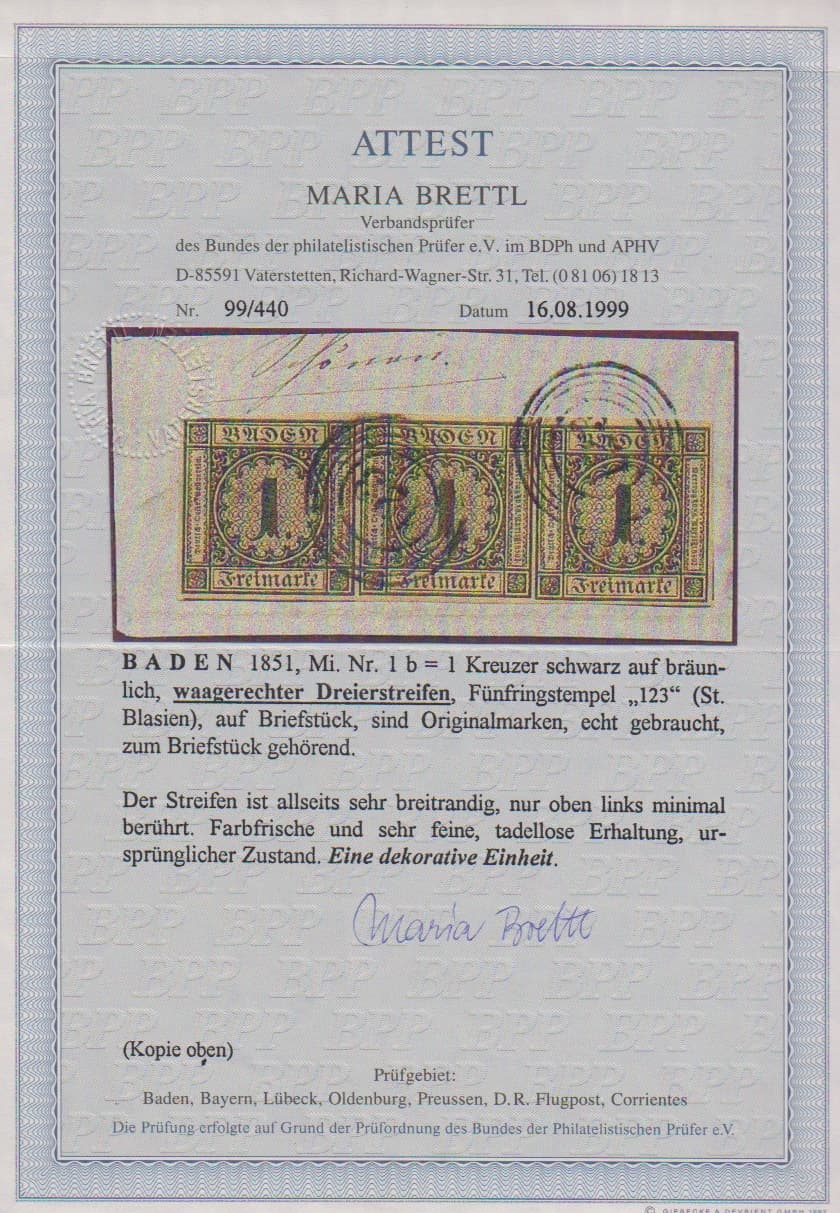 Los 8 - 1 Kr. schw./bräunlich, waagerechter Dreierstreifen auf Kabinettbriefstück mit NS "123" (St. Blasien). Nur linke Marke oben winzig berührt, sonst überrandig, oben offensichtlich vom Bogenrand, unten und rechts Nebenmarken. Attest Brettl "sehr feine, tadellose Erhaltung ... dekorative Einheit". Mi. 1200,-