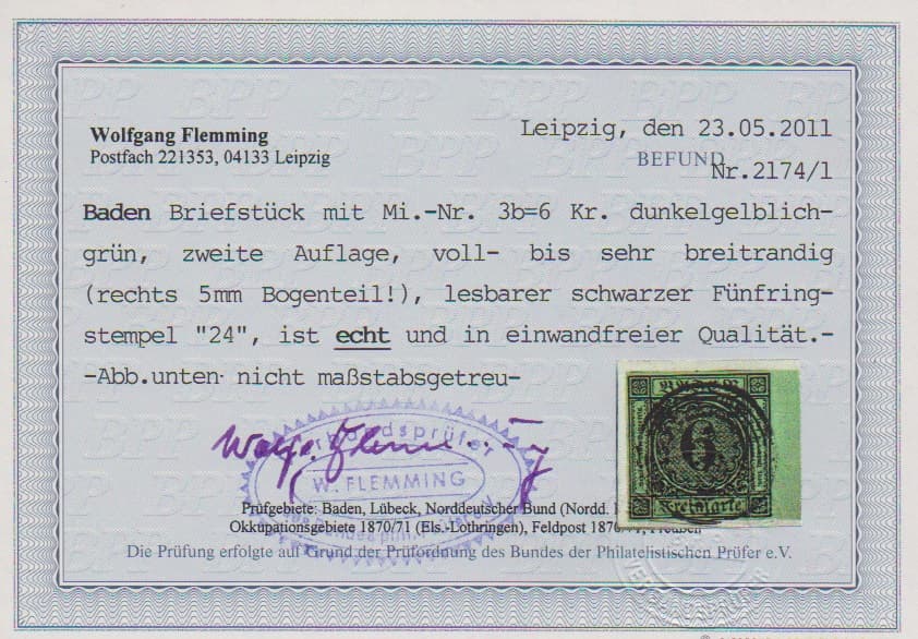 Los 13 - 6 Kr. schw./gelbgrün, überrandig, rechts 5mm Bogenrand, auf Kabinettbriefstück mit NS "24", Fotoexp. Flemming