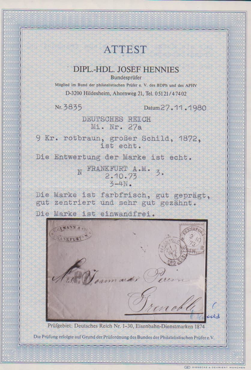 Los 412 - 9 Kr. rötlichbraun einzeln auf gef. Kabinettbrief von Frankfurt 1873 nach Grenoble/Frankreich, Attest Hennies und sign. Köhler. Mi. 800,-