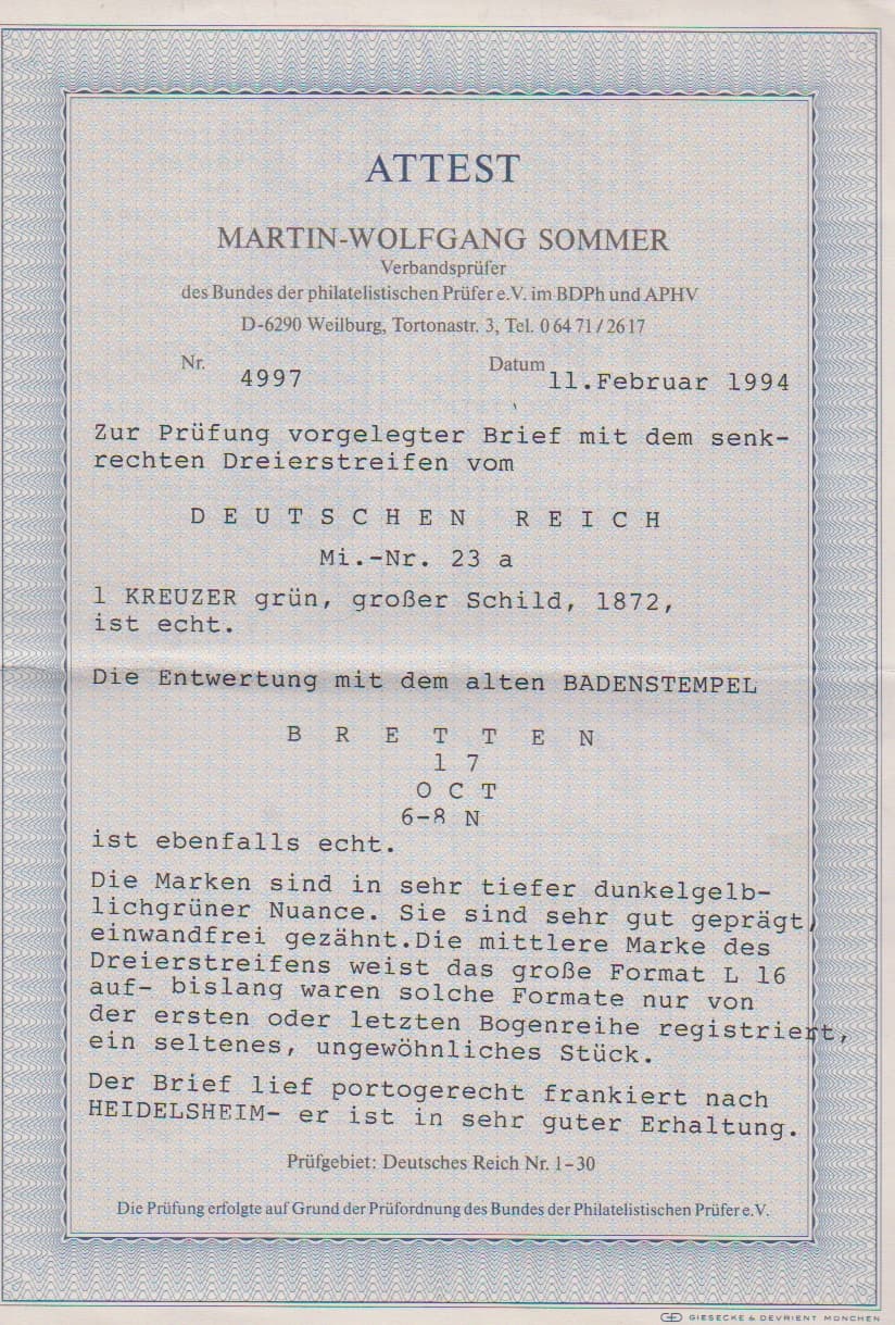 Los 411 - 1 Kr. tiefgrün im Dreierstreifen auf Kabinettbrief mit Baden-K1 "Bretten" nach Heidelsheim. Sehr ungewöhnliche Einheit, bei der die mittlere Marke das große Format L16 zeigt, das sonst nur in der ersten und untersten Bogenreihe zu finden ist. Sign. Barkemeyer und Attest Sommer