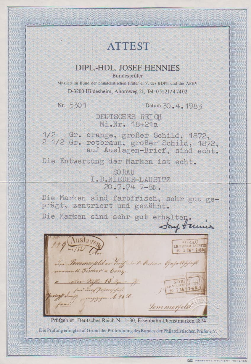 Los 407 - 1/2 Gr. orange und 2 1/2 Gr. rotbraun, Kabinettstücke auf "Auslagen"-Brief mit Ra3 "Sorau i.d. Nieder-Lausitz", Attest Hennies
