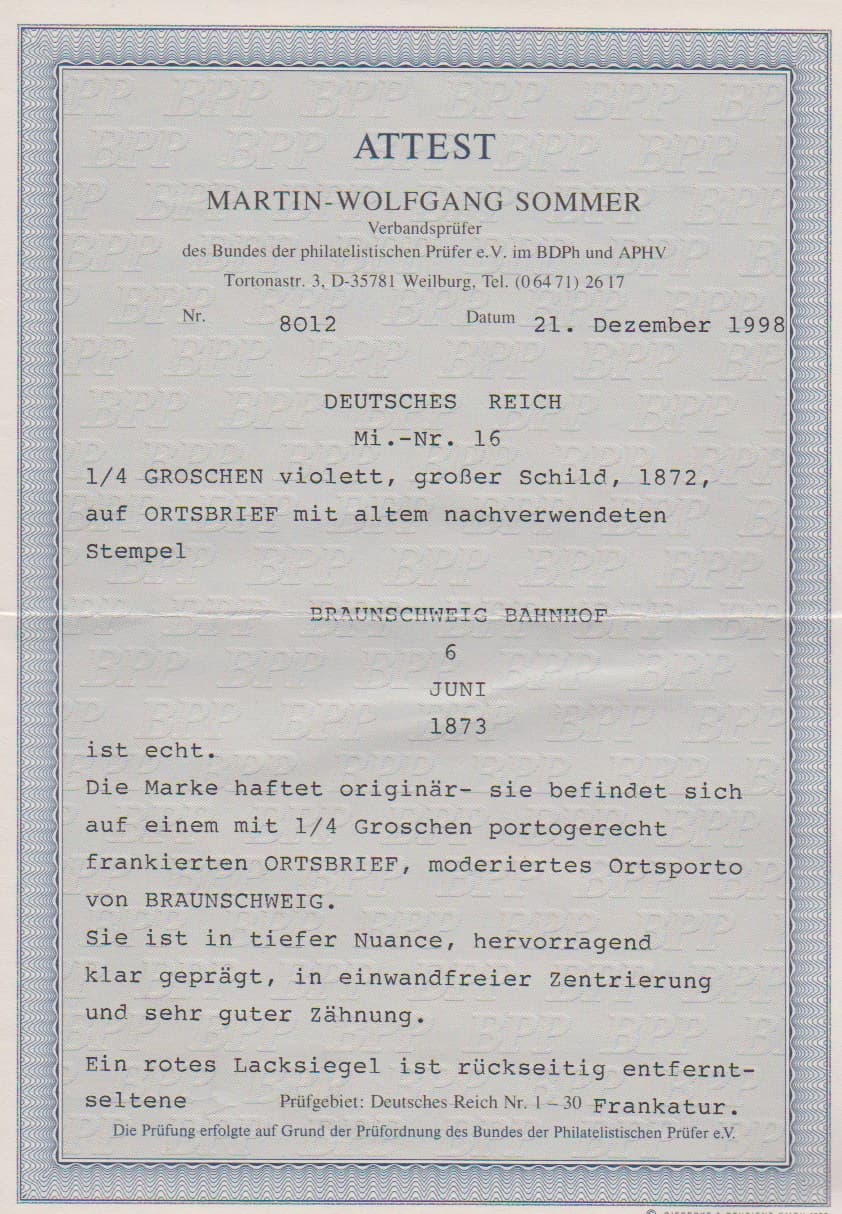 Los 403 - 1/4 Gr. violett einzeln auf Kabinett-Ortscouvert mit nachverw. K2 "Braunschweig Bahnhof", Attest Sommer