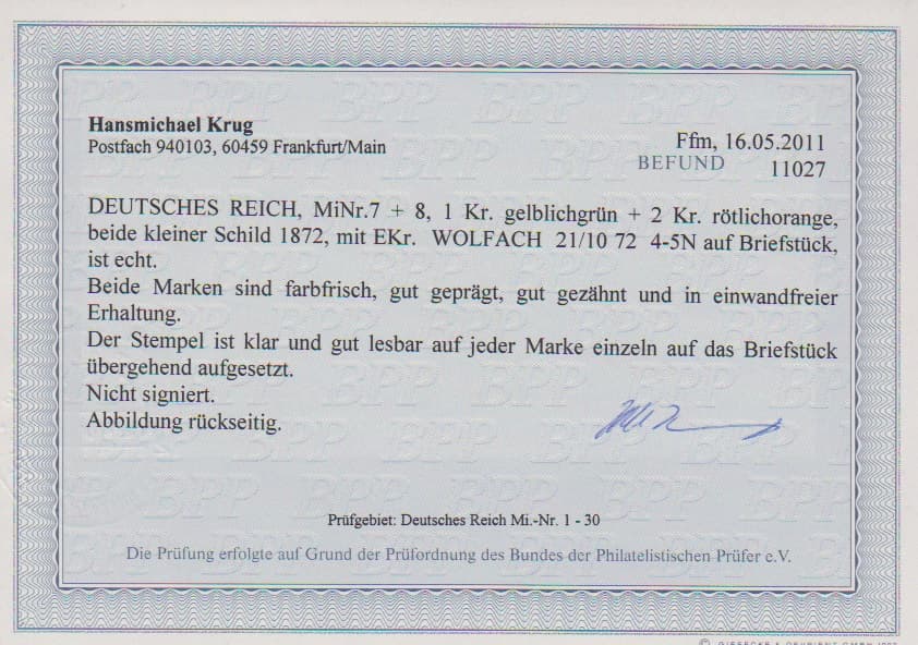 Los 398 - 1 Kr. dunkelgrün und 2 Kr. ziegelrot auf Kabinettbriefstück mit K1 "Wolfach", Fotoexp. Krug
