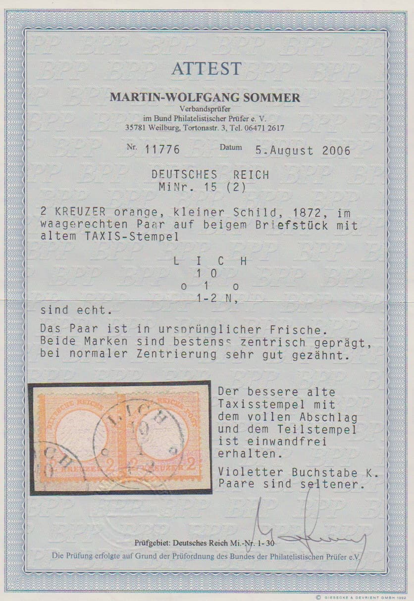 Los 402 - 2 Kr. orange im Paar im kleineren Markenformat auf Kabinettbriefstück mit Taxis-K1 "Lich". Attest Sommer "einwandfrei". Mi. 900,-