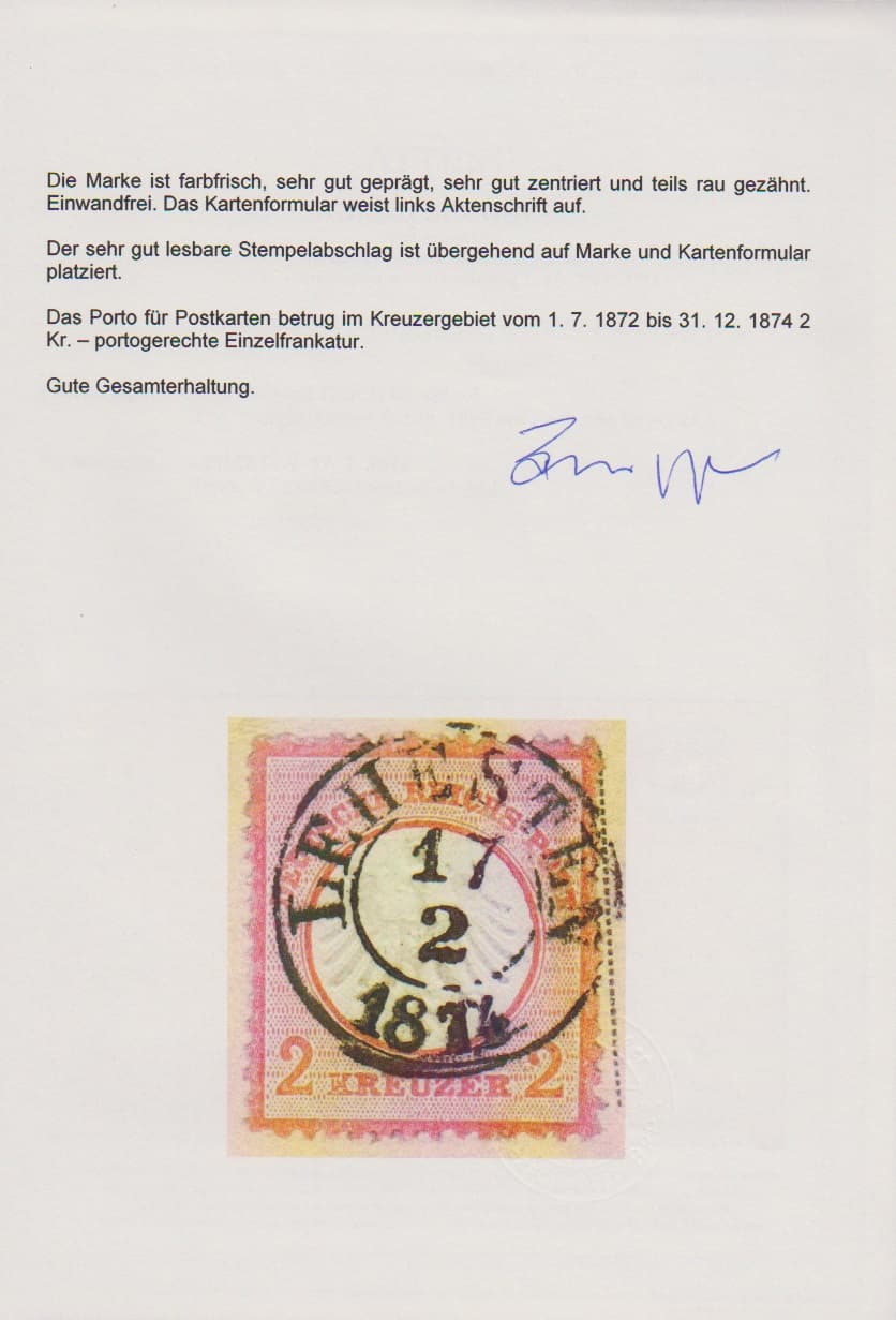 Los 401 - 2 Kr. orange auf Kabinett-Postkarte mit Taxis-K2 "Lehesten", Attest Brugger "einwandfrei"