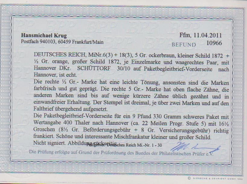 Los 397 - 5 Gr. ockerbraun in Mischfrankatur mit 1/2 Gr. orange, jeweils per drei (je ein Paar), auf Paketbegleitbriefvs. mit Hannover-K2 "Schüttorf", min. Mgl., Fotoexp. Krug